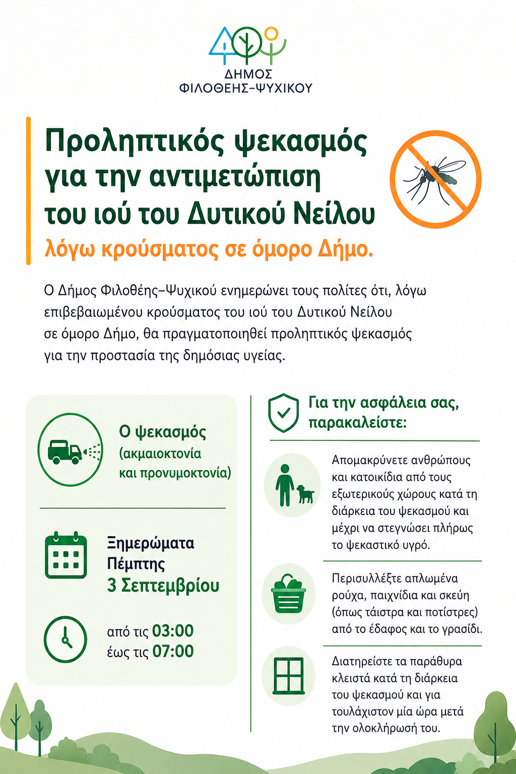 Προληπτικός ψεκασμός για την αντιμετώπιση του ιού του Δυτικού Νείλου λόγω κρούσματος σε όμορο Δήμο